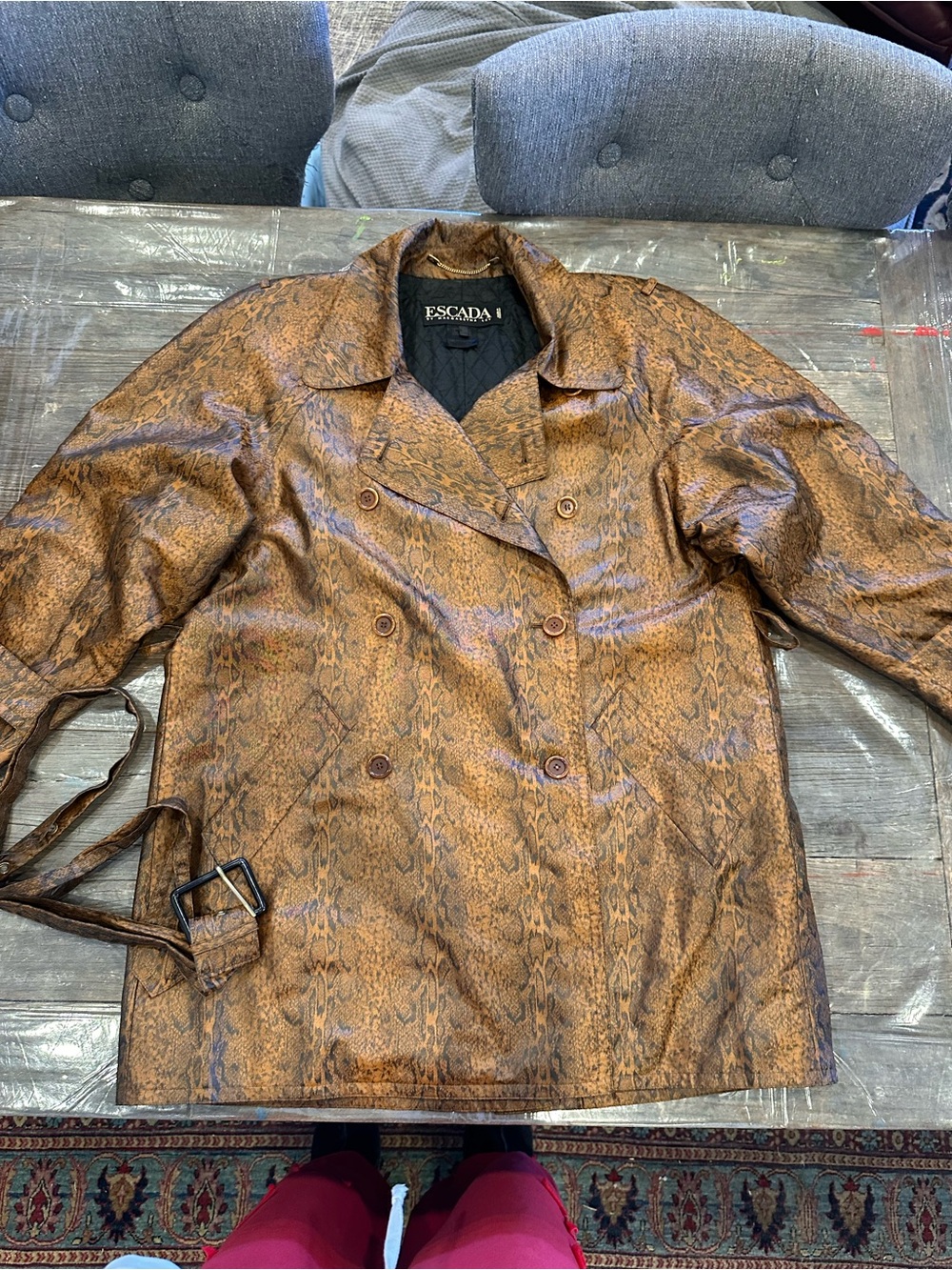 Escada Brown Snakeskin-Print Double-Breasted Trench Coat